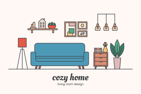 Cozy home interior design concept. Living room interior. Vector line illustrationのイラスト素材