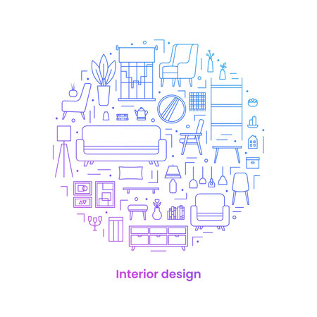 Set icons, interior design concept. Icons arranged in the shape of a circle. Banner. Template. Gradient. Vector line illustration on white backgroundのイラスト素材