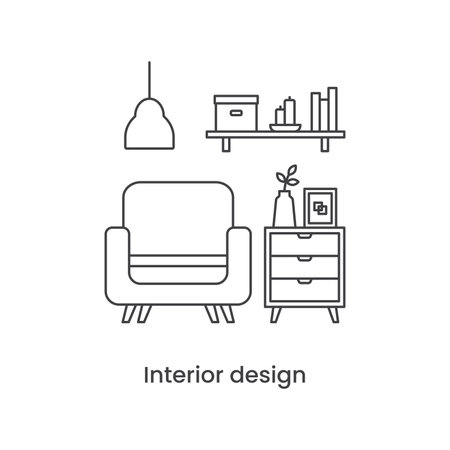 Interior design line icon concept. Living room interior. Vector line illustration on white backgroundのイラスト素材