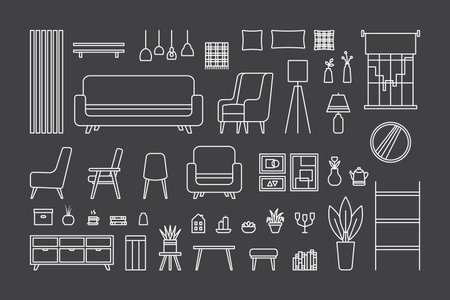 Cozy home interior design, icons set. Living room interior. Vector line illustration on dark backgroundのイラスト素材