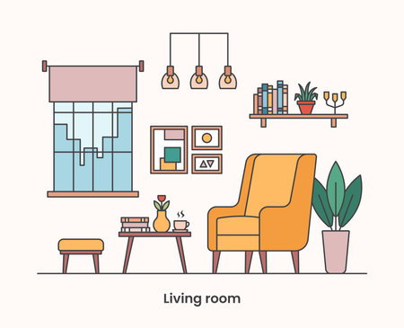 Cozy home interior design concept. Living room interior. Vector line illustrationのイラスト素材