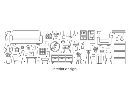 Set icons, interior design concept. Banner. Template. Vector line illustration on white backgroundのイラスト素材