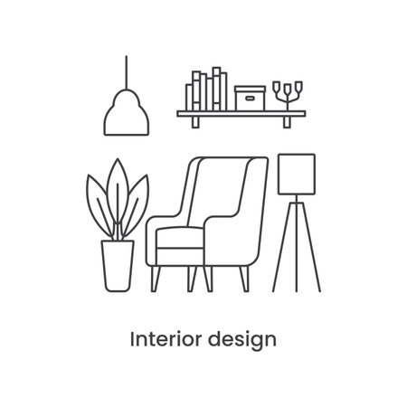 Interior design line icon concept. Living room interior. Vector line illustration on white backgroundのイラスト素材