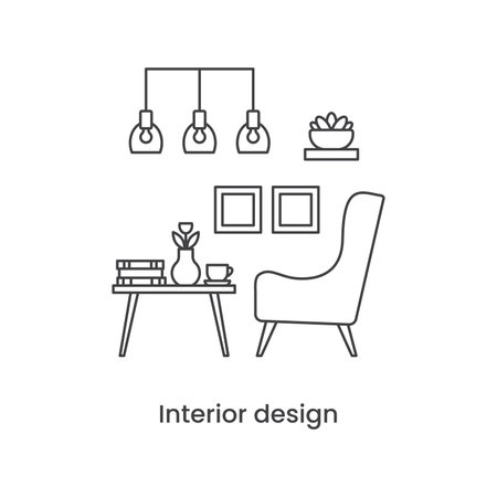 Interior design line icon concept. Living room interior. Vector line illustration on white backgroundのイラスト素材