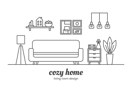 Cozy home interior design concept. Living room interior. Vector line illustration on white backgroundのイラスト素材