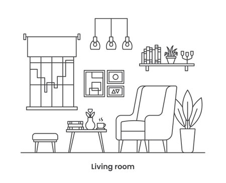 Cozy home interior design concept. Living room interior. Vector line illustration on white backgroundのイラスト素材