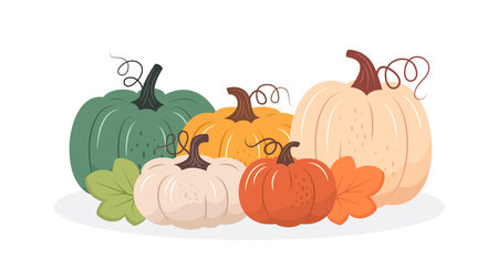 Colorful pumpkins fall design. Vector illustration in flat styleのイラスト素材