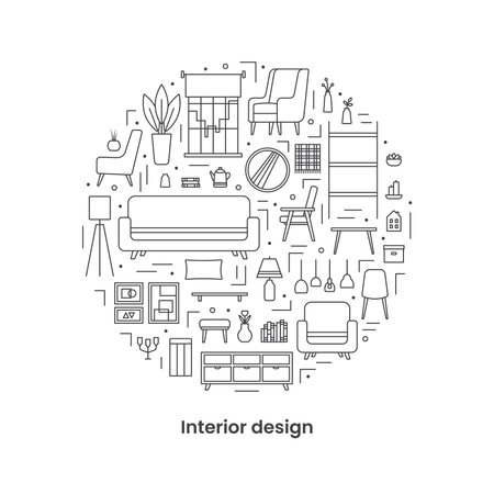 Set icons, interior design concept. Icons arranged in the shape of a circle. Banner. Template. Vector line illustration on white backgroundのイラスト素材