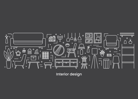 Set icons, interior design concept. Banner. Template. Vector line illustration on dark backgroundのイラスト素材