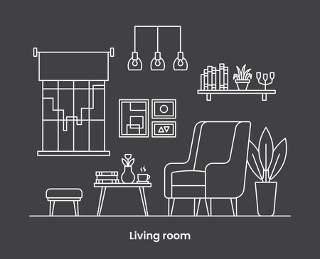 Cozy home interior design concept. Living room interior. Vector line illustration on dark backgroundのイラスト素材