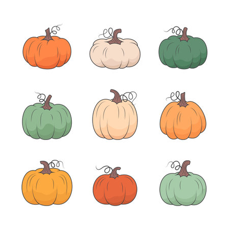 Colorful pumpkins set fall design. Vector line illustration on white backgroundのイラスト素材