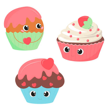 Set of cute cartoon sweet baking cupcakesのイラスト素材
