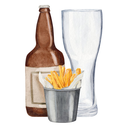 Hand-drawn watercolor illustration bottle of beer with empty glass for beer and snack bucket of French fries. International beer day. Beer festival.の写真素材