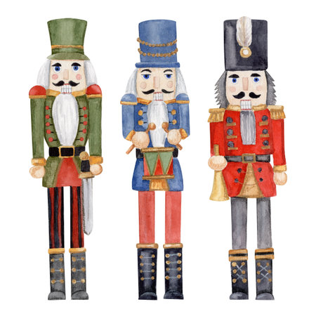 Set watercolor hand-drawn illustration of three different nutcrackers, with a sword, with a trumpet...