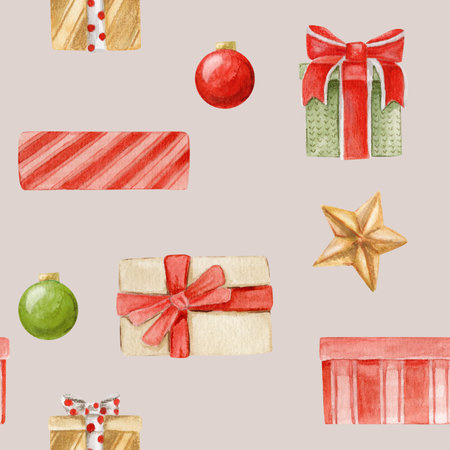 watercolor seamless pattern with different gifts boxes, balls and star on beige background. hand...