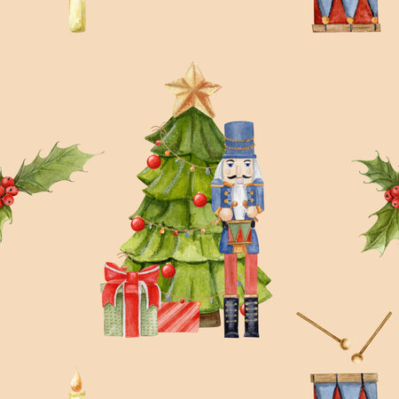 watercolor seamless pattern with decorated Christmas tree, gifts and nutcracker with drum, holly tree, candle on beige background. Can be used on fabrics and paper products and otherの写真素材
