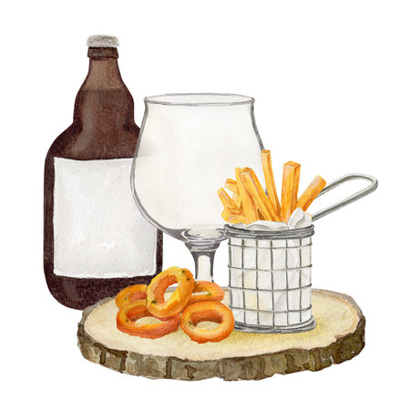 watercolor composition with glass for beer, bottle and snack bucket of French fries and onion ringsの写真素材