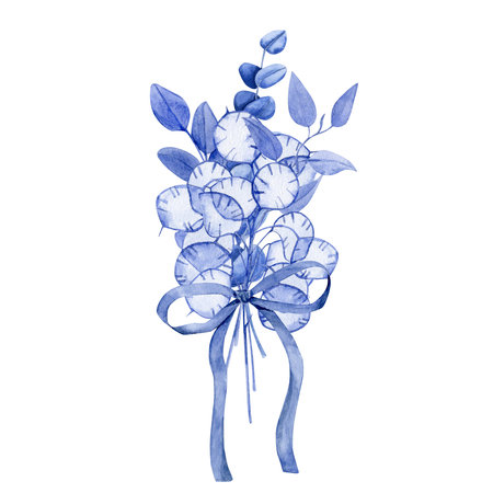 Watercolor blue bouquet of different branches of eucalyptus and lunaria tied with a bowの写真素材