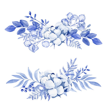 Two watercolor horizontal compositions in blue from cotton, eucalyptus branches, lunaria, dried flowers, fernの写真素材
