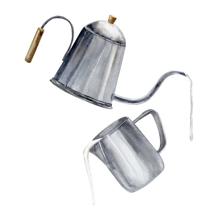 Watercolor set of stainless steel kettle with water and stainless steel milk frothing pitcher with milkの写真素材