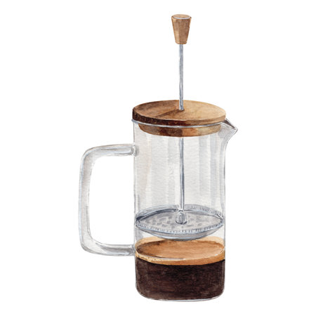 Watercolor illustration with glass french press for brewing coffee, coffee drinks, tea and herbal drinksの写真素材