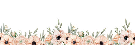 Watercolor seamless border with different branches on a color, anemones and ranunculus on a peach pink color. Can be used on fabrics and paper products and others.の写真素材