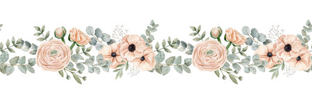 Watercolor seamless border with different branches on a color, anemones and ranunculus on a peach pink color. Can be used on fabrics and paper products and others.の写真素材