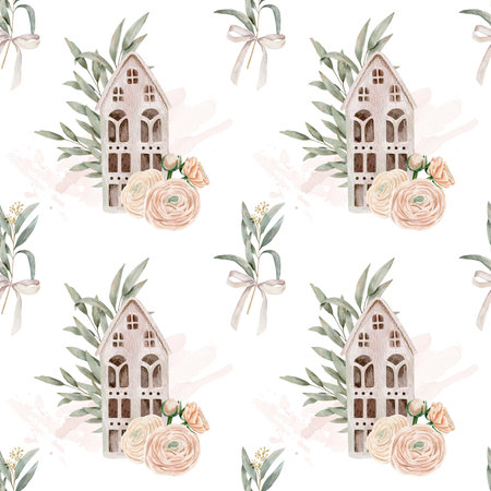Watercolor hand drawn seamless pattern with two compositions of decorative house with ranunculus and eucalyptus, bouquet with eucalyptus tied with a bowの写真素材