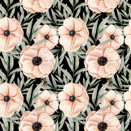 Watercolor seamless hand drawn pattern with different of peachy pink anemones in blossoming flowers and eucalyptus branches on a dark backgroundの写真素材
