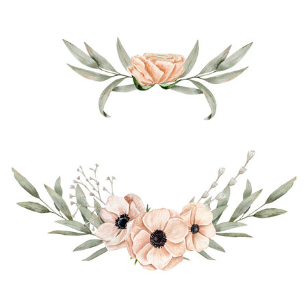 Two watercolor composition with anemones, ranunculus on a pink peach color, branches of eucalyptus and dry flowers.の写真素材