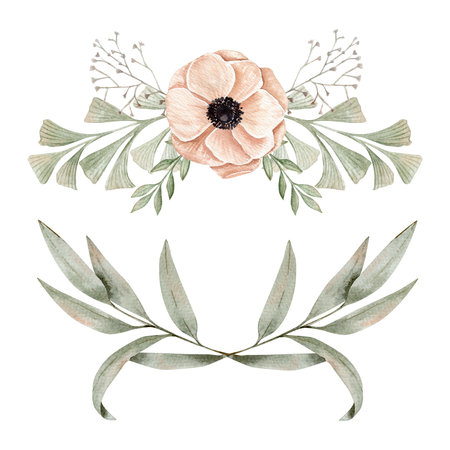 Two watercolor composition with anemones on a pink peach color and other green branches, branches of eucalyptusの写真素材