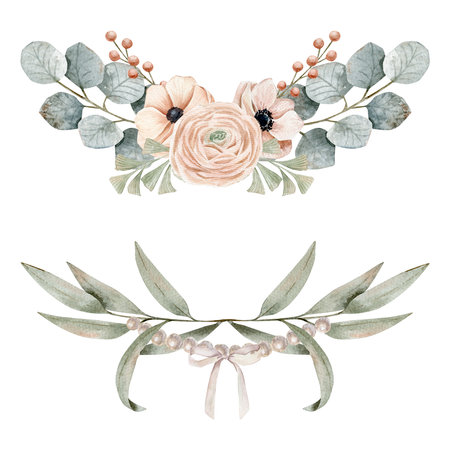 Two watercolor composition with anemones and ranunculus on a pink peach color and other green branches and berries, branches of eucalyptus tied with a pearl and bowの写真素材