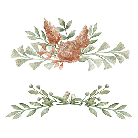 Two watercolor compositions with branches on green color and different branches with and without berries and dry flowers on a dusty pink.の写真素材
