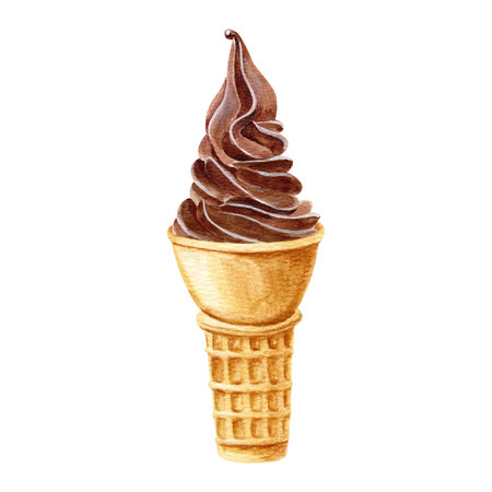 Watercolor hand drawn illustration with chocolate ice cream in a waffle coneの写真素材