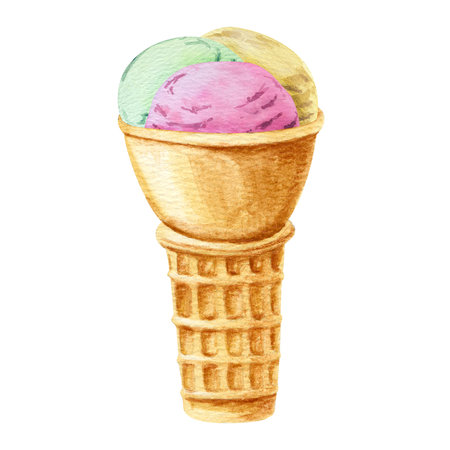 Watercolor hand drawn illustration with three balls of lemon, strawberry, pistachio ice cream in a waffle coneの写真素材
