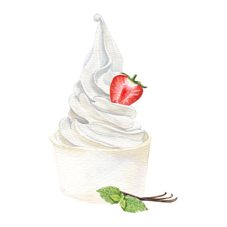 watercolor hand made iillustration wirh vanilla ice cream with srtawberry, mint and vanilla in a cupの写真素材