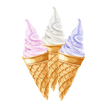 Watercolor hand drawn composition with a three different flavor ice creams in a waffle conesの写真素材
