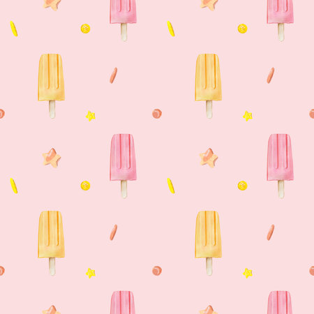 Watercolor seamless pattern with double flavors ice creams and different candies on a pink...