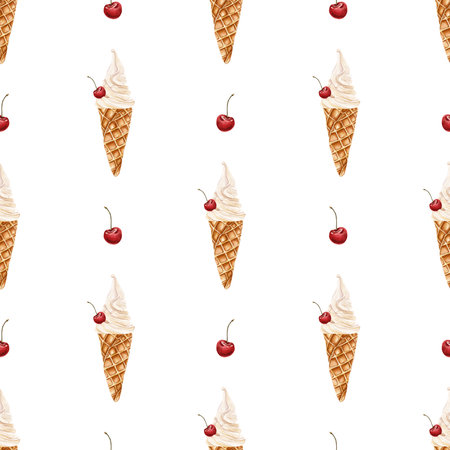 Watercolor seamless pattern with vanila ice cream with cherry in a waffle cone and cherry on a white backgroundの写真素材