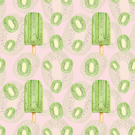 Watercolor seamless pattern with kiwi ice cream sorbet and kiwi on a pink backgroundの写真素材