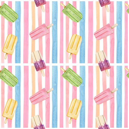 Watercolor seamless pattern with three flavors ice creams on colored stripes on a white backgroundの写真素材