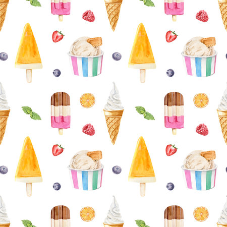 Watercolor seamless pattern with different flavors ice creams and different toppings on a white backgroundの写真素材
