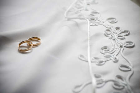 Wedding rings on bridal dress detail as background