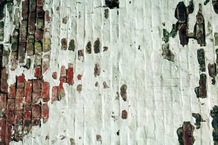 Background of old vintage dirty brick wall with peeling plaster, texture.の写真素材