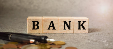 finance, inscription on cubes, word bank on cubes of wooden texture.の写真素材