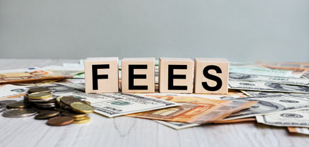 FEES inscription on the texture of wooden cubes. Wooden cubes on the background of banknotes. An inscription on a financial, business or economic theme.の写真素材