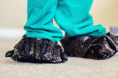 two year old boy wearing fuzzy bear slippersの写真素材
