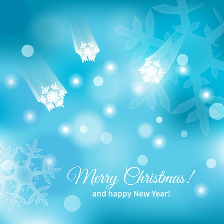 vector illustration flying snowflakes on blue blurred backgroundのイラスト素材