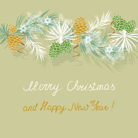 Christmas pine branches and cones with handwritten text on green background.Happy New Year Cardのイラスト素材
