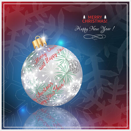 Christmas card.Christmas ball with handwritten greetings on dark-blue background with snowflakesのイラスト素材
